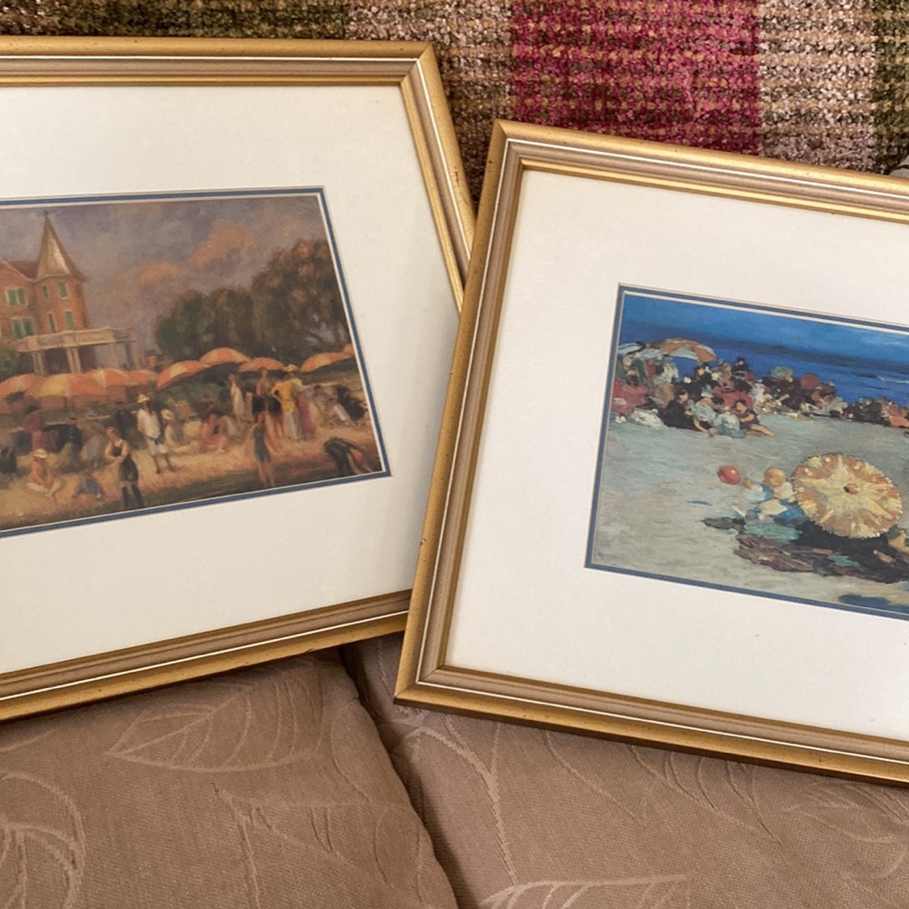 Two Vintage Gold Framed 12” x 13” Beach Scene Art